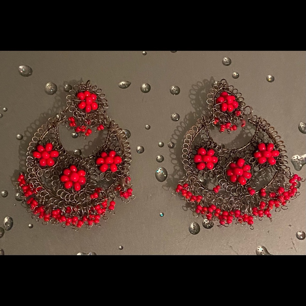 Chandelier Vintage Earrings with Red Beads